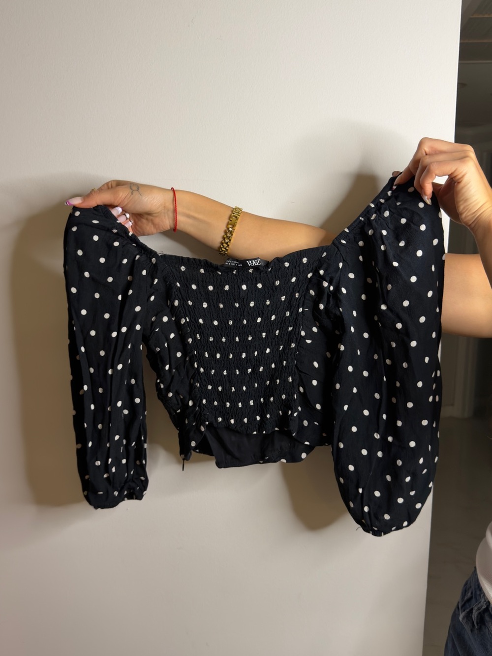 Zara Black and White Polka Dot Smocked Puff-Sleeve Crop Top